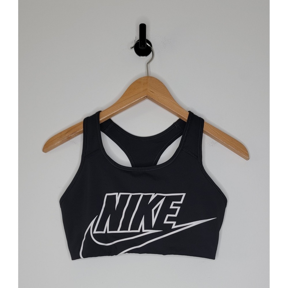 Nike Dri Fit Racerback Sports Bra Women's Size Medium Black /White Big Logo